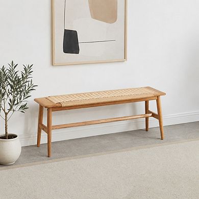Heybly Solid Oak Wood Dining Bench with Handwoven Cane Seat, Natural Entryway Bench