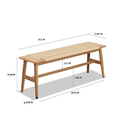 Heybly Solid Oak Wood Dining Bench with Handwoven Cane Seat, Natural Entryway Bench