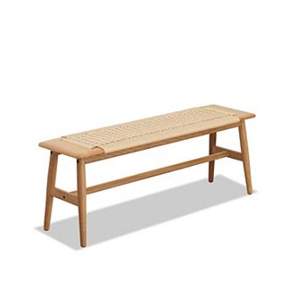 Heybly Solid Oak Wood Dining Bench with Handwoven Cane Seat, Natural Entryway Bench