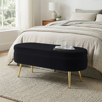 44 in. Ottoman Oval Storage Bench, Flannel with Metal Legs