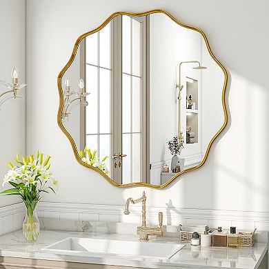 Ornate Wavy Round Aluminum Alloy Framed Vanity Wall Mirror for Home Decor
