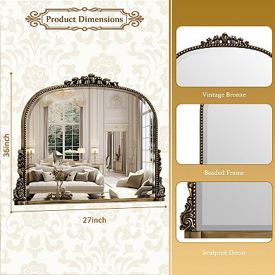 Antique 36 in. W x 27 in. H Carved Arched PU Frame Vanity Wall Mirror