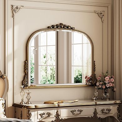 Antique 36 in. W x 27 in. H Carved Arched PU Frame Vanity Wall Mirror