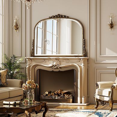 Antique 36 in. W x 27 in. H Carved Arched PU Frame Vanity Wall Mirror