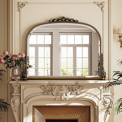 Antique 36 in. W x 27 in. H Carved Arched PU Frame Vanity Wall Mirror