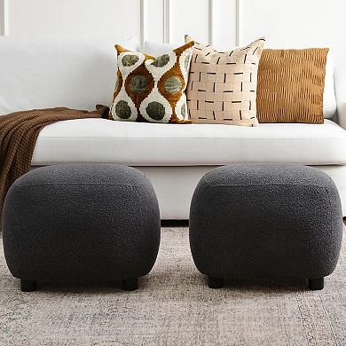 Round Boucle Upholstered Ottoman Soft Padded Footrest Set Of 2