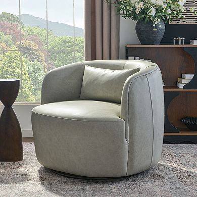 100% Genuine Leather Swivel Barrel Armchair with Pillow