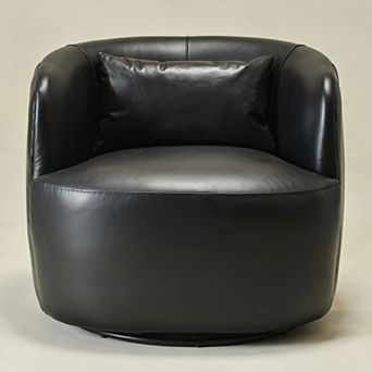 100% Genuine Leather Swivel Barrel Armchair with Pillow