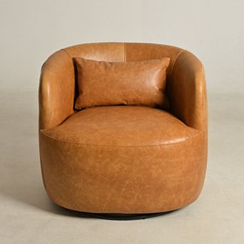 100% Genuine Leather Swivel Barrel Armchair with Pillow
