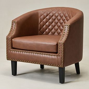 Tufted Small Faux Leather Barrel Club Chair