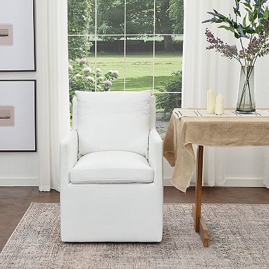 Modern Upholstered Linen Down Fill Dining Armchair with Casters