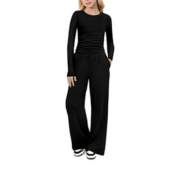 Arshiner Girls Piece Outfits Set Ruched Long Sleeve Top Wide Leg Pant Clothing Set