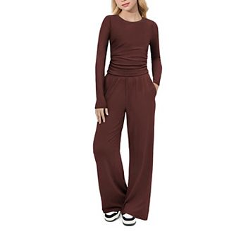 Arshiner Girls Piece Outfits Set Ruched Long Sleeve Top Wide Leg Pant Clothing Set