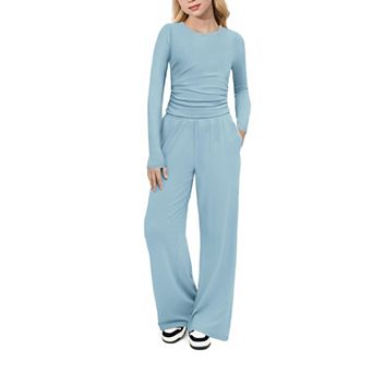 Arshiner Girls Piece Outfits Set Ruched Long Sleeve Top Wide Leg Pant Clothing Set