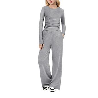 Arshiner Girls Piece Outfits Set Ruched Long Sleeve Top Wide Leg Pant Clothing Set