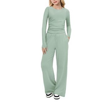 Arshiner Girls Piece Outfits Set Ruched Long Sleeve Top Wide Leg Pant Clothing Set