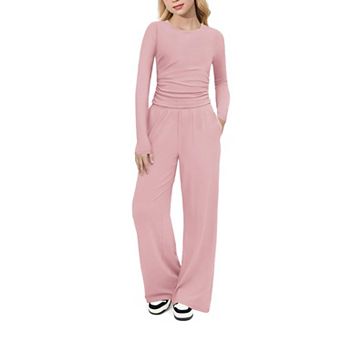 Arshiner Girls Piece Outfits Set Ruched Long Sleeve Top Wide Leg Pant Clothing Set