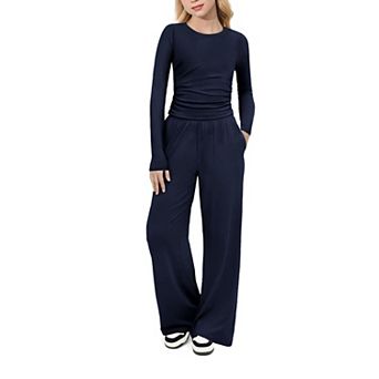 Arshiner Girls Piece Outfits Set Ruched Long Sleeve Top Wide Leg Pant Clothing Set