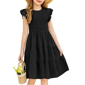 Arshiner Girls Summer Flutter Short Sleeve Sundress Smocked Elastic Waist Tiered Midi Dress