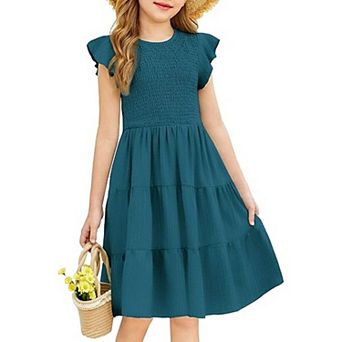 Arshiner Girls Summer Flutter Short Sleeve Sundress Smocked Elastic Waist Tiered Midi Dress