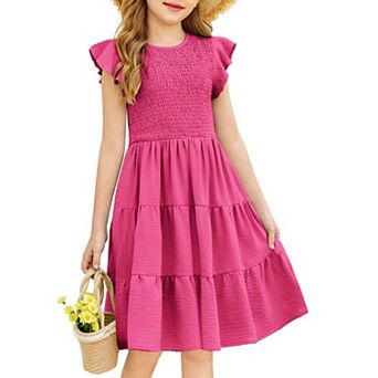 Arshiner Girls Summer Flutter Short Sleeve Sundress Smocked Elastic Waist Tiered Midi Dress
