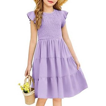 Arshiner Girls Summer Flutter Short Sleeve Sundress Smocked Elastic Waist Tiered Midi Dress