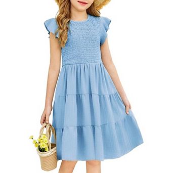 Arshiner Girls Summer Flutter Short Sleeve Sundress Smocked Elastic Waist Tiered Midi Dress