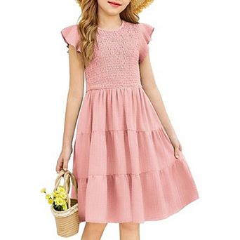 Arshiner Girls Summer Flutter Short Sleeve Sundress Smocked Elastic Waist Tiered Midi Dress