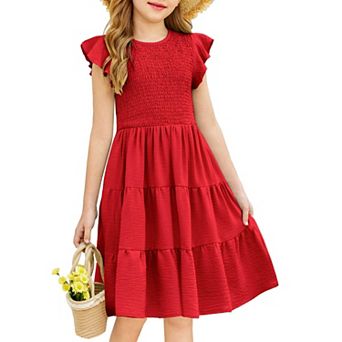 Arshiner Girls Summer Flutter Short Sleeve Sundress Smocked Elastic Waist Tiered Midi Dress