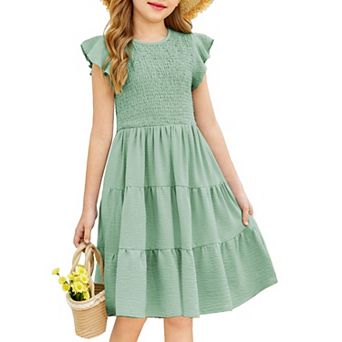 Arshiner Girls Summer Flutter Short Sleeve Sundress Smocked Elastic Waist Tiered Midi Dress