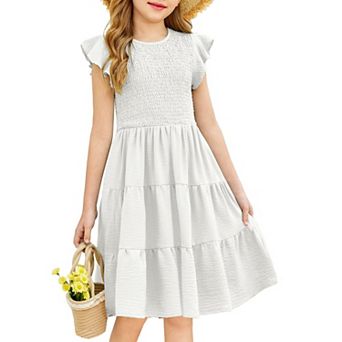 Arshiner Girls Summer Flutter Short Sleeve Sundress Smocked Elastic Waist Tiered Midi Dress