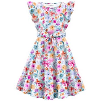 Arshiner Girls Spring Summer Dresses Flutter Sleeve Aline With Belted Pockets Casual Party Dress