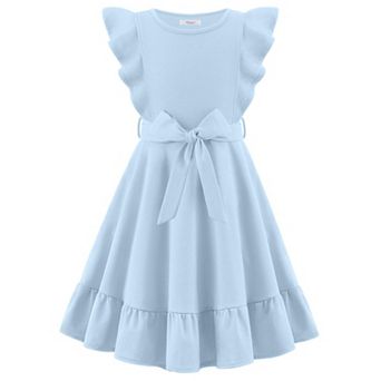 Arshiner Girls Spring Summer Dresses Flutter Sleeve Aline With Belted Pockets Casual Party Dress