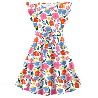 Arshiner Girls Spring Summer Dresses Flutter Sleeve Aline With Belted Pockets Casual Party Dress