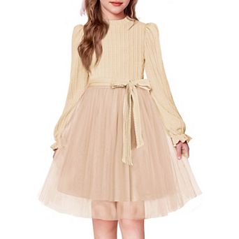 Arshiner Girls Mock Neck Cable Knit Long Sleeve Tulle Tutu Dress with Removable Belt
