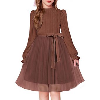 Arshiner Girls Mock Neck Cable Knit Long Sleeve Tulle Tutu Dress with Removable Belt