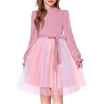 Arshiner Girls Mock Neck Cable Knit Long Sleeve Tulle Tutu Dress with Removable Belt