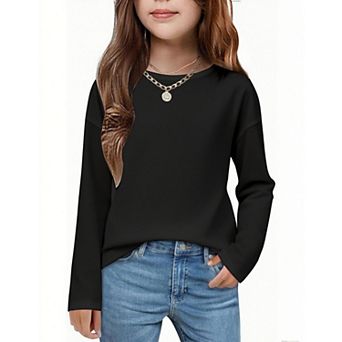 Arshiner Girls Long Sleeve Shirts Drop Shoulder Casual Loose Fit Crewneck Blouse Tee Tops