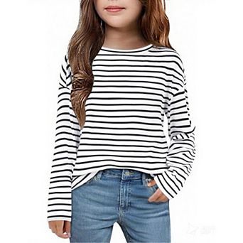 Arshiner Girls Long Sleeve Shirts Drop Shoulder Casual Loose Fit Crewneck Blouse Tee Tops