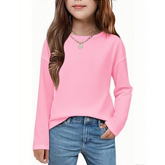 Arshiner Girls Long Sleeve Shirts Drop Shoulder Casual Loose Fit Crewneck Blouse Tee Tops