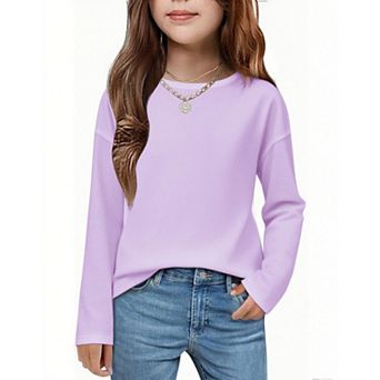 Arshiner Girls Long Sleeve Shirts Drop Shoulder Casual Loose Fit Crewneck Blouse Tee Tops