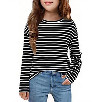 Arshiner Girls Long Sleeve Shirts Drop Shoulder Casual Loose Fit Crewneck Blouse Tee Tops