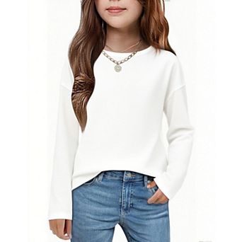 Arshiner Girls Long Sleeve Shirts Drop Shoulder Casual Loose Fit Crewneck Blouse Tee Tops