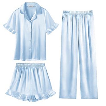 Arshiner Girls Pajamas Sets Piece Silk Pajamas Short Sleeve Sleepwear Satin Ruffle Nightwear