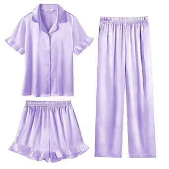 Arshiner Girls Pajamas Sets Piece Silk Pajamas Short Sleeve Sleepwear Satin Ruffle Nightwear