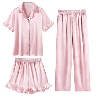 Arshiner Girls Pajamas Sets Piece Silk Pajamas Short Sleeve Sleepwear Satin Ruffle Nightwear