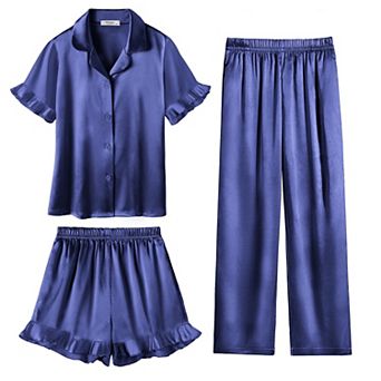 Arshiner Girls Pajamas Sets Piece Silk Pajamas Short Sleeve Sleepwear Satin Ruffle Nightwear