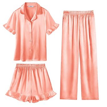 Arshiner Girls Pajamas Sets Piece Silk Pajamas Short Sleeve Sleepwear Satin Ruffle Nightwear