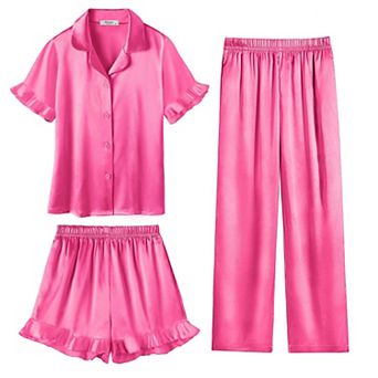 Arshiner Girls Pajamas Sets Piece Silk Pajamas Short Sleeve Sleepwear Satin Ruffle Nightwear