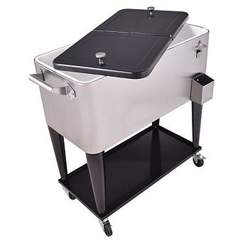 80-qt Patio Rolling Stainless Steel Ice Beverage Cooler Cart for Outdoor BBQ